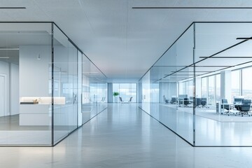 Poster - Modern glass office corridor interior with blank mock up place on wall