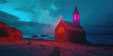 A church building situated on a beach, illuminated by the light of the full moon