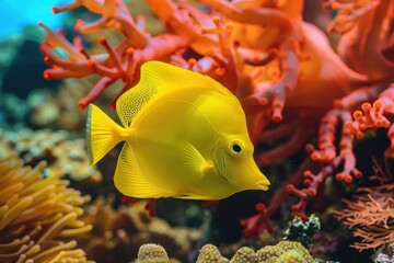 Wall Mural - Yellow tang fish on coral reef