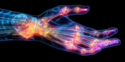 Glowing Neon X-Ray of Abstract Hand Anatomy on Black Background