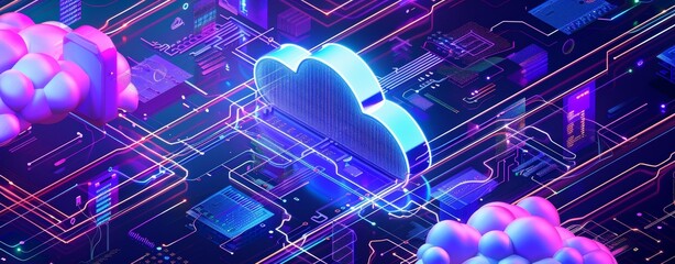 Poster - illustration of cloud computing services and network connections with modern devices and data manage