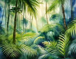 Wall Mural - Jungle Reverie Lush jungle foliage bathed in soft light. Generative AI.