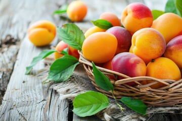 Wall Mural - Basket of Fresh Apricots and Green Leaves