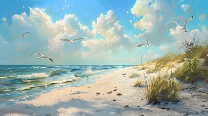 Wall Mural - A serene beach scene with white sand, blue sky, and seagulls flying overhead.