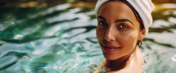 Wall Mural - Lifestyle portrait of beautiful woman relaxing in luxury spa pool