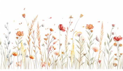 Wall Mural - Wildflower and herb watercolor illustration. Horizontal seamless pattern illustration for cards, borders, banners or other designs. Vintage style.