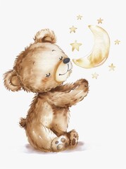 Wall Mural - An illustration for kids' rooms of a little bear looking at the moon in watercolor.