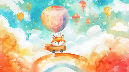 Wall Mural - Watercolor illustration of a cute fox on a rainbow riding in a car. It sees an adventure dream.