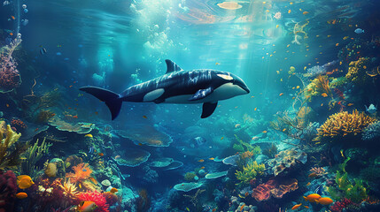 Sea World Themed Background Underwater Aquatic Landscape, Orca Whale. 