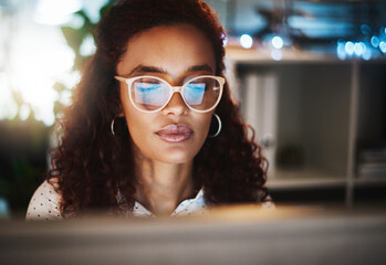 Poster - Business woman, glasses and computer at night for internet research, online project and proposal review in dark office. Employee lady, eyewear and reading email, digital report and working overtime