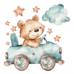 Wall Mural - A cute bear carries a moon, clouds, and stars in his arms. The scene is illustrated in watercolor and would look great in a children's room.