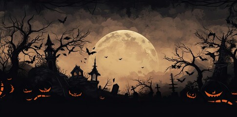 Wall Mural - Spooky Halloween Illustration with Haunted Houses, Bats, and Jack-o'-Lanterns Under a Full Moon