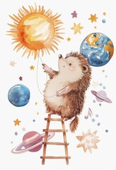 Canvas Print - An illustration of a hedgehog playing with a balloon. In a fantastic dream, he is in space. Children's poster decor.