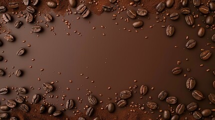 Poster - A flat lay of coffee beans and ground coffee on a brown background.