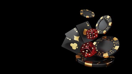 Casino chips, cubes, roulette, drum  on dark black background - 3d render. Flying chip for online casinos and mobile gambling applications, poker - winner, wealth concept. 