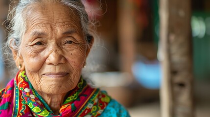 Canvas Print - Portrait of an elderly Asian woman with a warm smile, wearing a colorful scarf.