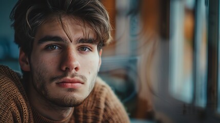 Wall Mural - Close up portrait of a young man with brown hair and stubble, looking intently at the camera.