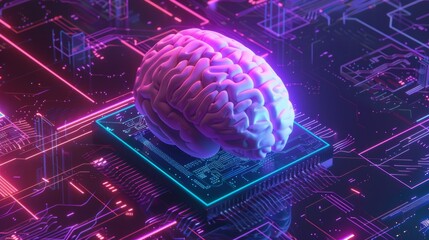 Surrounded by neon patterns and circuits, a glowing digital brain glows