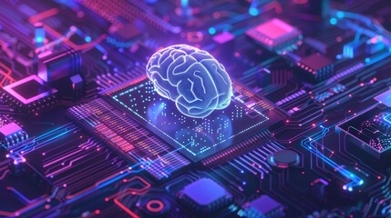 A glowing digital brain surrounded by neon circuit patterns and circuit patterns