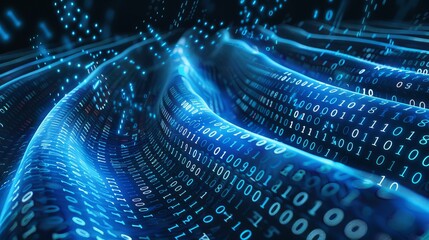 Poster - Binary code waves depicting future internet technology and digital data transmission