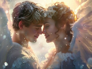 Wall Mural - A beautiful couple in love, with a happy smile and angel wings, surrounded by pale blue light particles, in a magical dreamy atmosphere, with a sparkling glitter background, in pastel colors