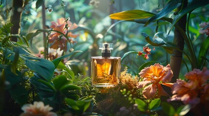 A bottle of perfume is displayed amidst lush greenery and delicate flowers against a vibrant backdrop of emerald hues.