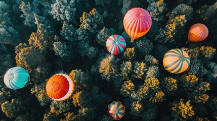 aerial view of colorful hot air balloons soaring over a forest