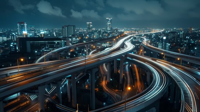 High angle shot and curve of highway overpass with beautiful city background. Night scene.