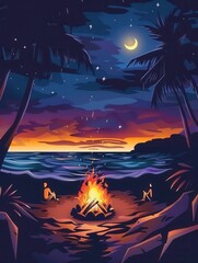 Poster - A vibrant image of a bonfire on a beach at night, with people sitting around it, enjoying the warm air and the glow of the flames. Generative AI