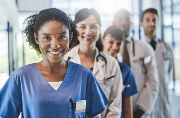 Wall Mural - Portrait, happy people and team of doctors in clinic for healthcare services, career or about us. Leadership, medical professionals and proud nurses with smile at wellness hospital ready for nursing