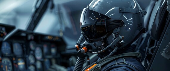 Close-up of a fighter jet pilot in the cockpit, which is the place of precision and control. The pilot's eyes reflect the weight of responsibility and expertise.