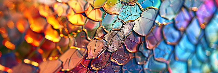 Wall Mural - colorful dragon scales made of cracked and shimmering glass, macro photography, close-up, hyper-realistic details