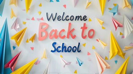 Wall Mural - Welcome Back to School stands out boldly in the center of the background, framed by a pure white backdrop. The sides are adorned with colorful decorative materials, adding a festive with rgb lights 