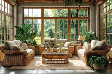 Wall Mural - Sunlit Wicker Lounge in a Glass-Enclosed Garden