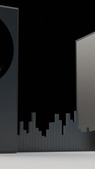 Poster - Large gray speakers. Design.Bright animation with musical devices that beat because of the power of the beats.