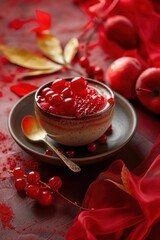 Wall Mural - Red Currants in a Bowl with Red Fabric and Apples
