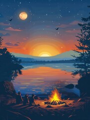 Poster - A peaceful evening scene with a bonfire on a beach, surrounded by people enjoying the warm glow of the flames against the backdrop of a starry night sky. Generative AI