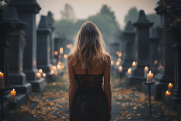 Wall Mural - Rear view ai generated picture of sad lonely beautiful girl standing in a cemetery looking at graves