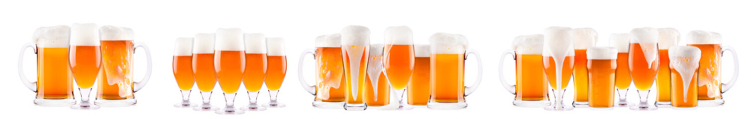 Wall Mural - Set of fresh beer glasses with bubble froth isolated on white background.