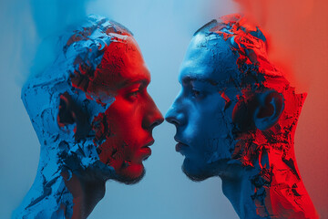 Wall Mural - Created with generative AI picture of two human faces with neon blue and red colors