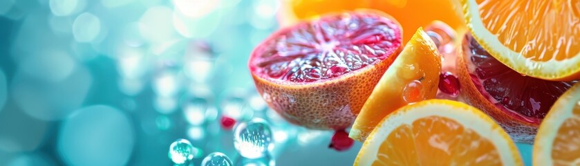 Wall Mural - Citrus Fruits and Water Droplets on a Turquoise Background