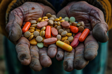 Canvas Print - Created with generative AI picture of old woman holding medicals and pills