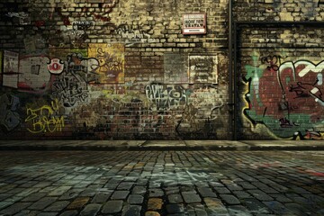 Urban Street Background: A gritty urban backdrop with graffiti, brick walls, and street signs, suitable for showcasing edgy or urban-themed products like fashion apparel, accessories, or street art. 