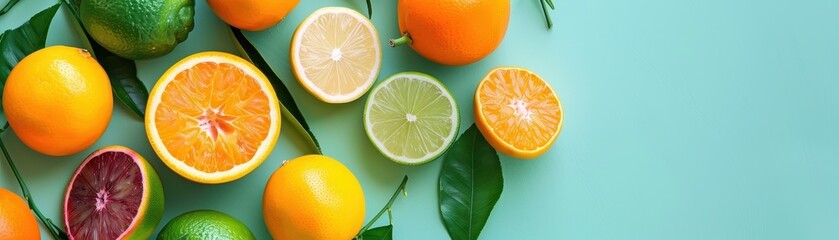 Wall Mural - Citrus Fruits Composition on Turquoise Background