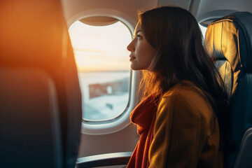 Canvas Print - AI generated photo of happy person flying on plane and looking at window sunset