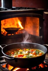 Wall Mural - hot steaming pot soup boiling stove top bubbles, simmering, cooking, heat, kitchen, broth, ingredients, aroma, ladle, spoon, delicious, appetizing, nutritious