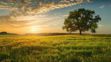 Wall Mural - A Single Tree in a Field of Yellow Flowers at Sunset