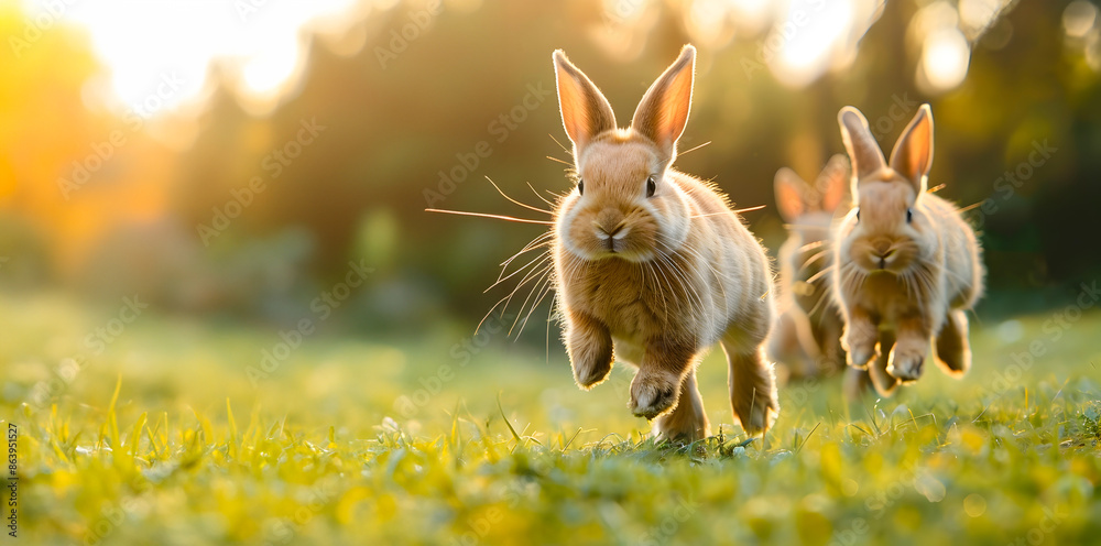 Adorable group of cute and fluffy rabbits joyfully jumping running and ...