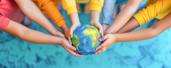Children standing holding hands around earth globe. Global eco protection concept.
