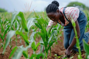 Wall Mural - African woman farmer inspecting maize crop in field.